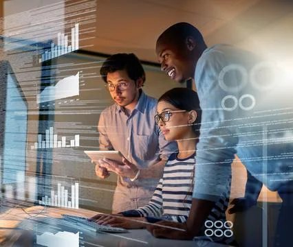 Upgrading the software together. computer programmers looking through data in Stock Photos