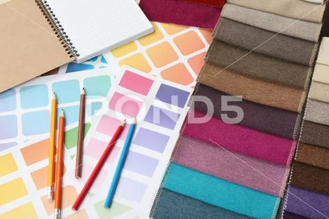 Upholstery fabric samples, pencils and color palette Stock Photo #201176795