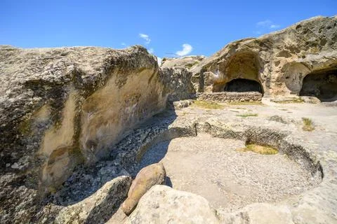 Uplistsikhe cave complex, ancient rock-hewn town and one of the oldest sett.. Stock Photos