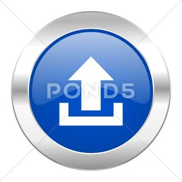 Upload blue circle chrome web icon isolated. Stock Illustration