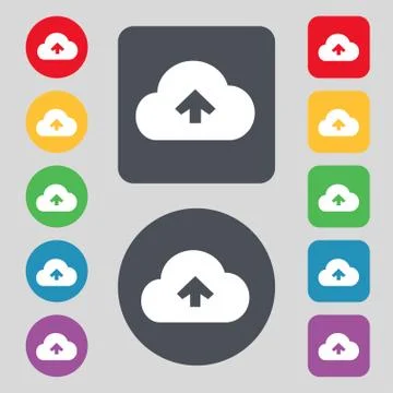 Upload from cloud icon sign. A set of 12 colored buttons. Flat design. Vector 스톡 일러스트