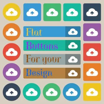 Upload from cloud icon sign. Set of twenty colored flat, round, square and recta Stock Illustration