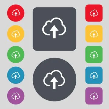 Upload from cloud icon sign. A set of 12 colored buttons. Flat design. 库存插图