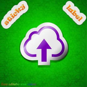 Upload from cloud  icon sign. Symbol chic colored sticky label on green backg Stock Illustration