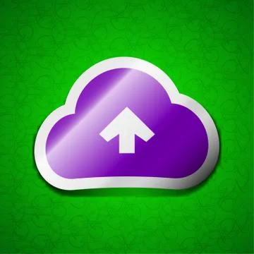 Upload from cloud icon sign. Symbol chic colored sticky label on green backgroun Stock Illustration