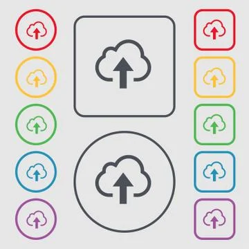 Upload from cloud icon sign. symbol on the Round and square buttons with frame. Illustrazione stock
