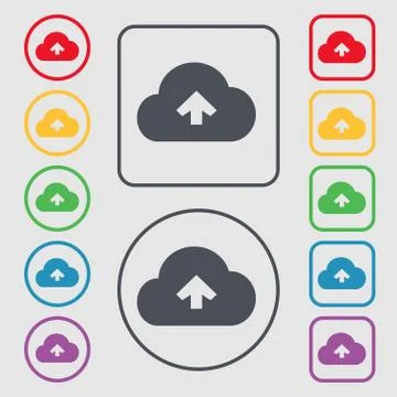 Upload from cloud icon sign. symbol on the Round and square buttons with frame. Illustrazione stock