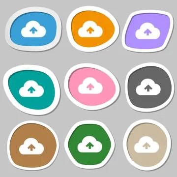 Upload from cloud  icon symbols. Multicolored paper stickers. Vector Stock Illustration
