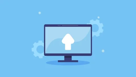 Upload concept animation with desktop computer, up arrow and gears, dynamic.. Stock-Footage 339254852