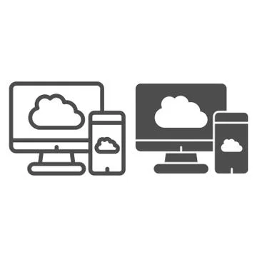 Upload devices line and solid icon. Cloud synchronize between computer and phone Stock Illustration