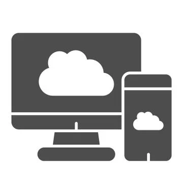 Upload devices solid icon. Cloud synchronize between computer and smartphone Stock Illustration