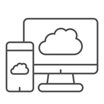 Upload devices thin line icon. Cloud synchronize between computer and smartphone 스톡 일러스트