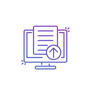 Upload document, file via computer icon, line Stock Illustration