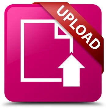 Upload (document icon) pink square button red ribbon in corner Stock Illustration