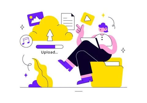 Upload Document Vector Illustration Featuring Cloud Storage, File Sharing, .. Illustrazione stock