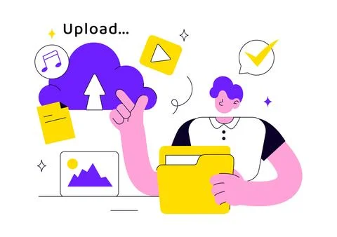 Upload Document Vector Illustration Featuring Cloud Storage, File Sharing, .. Illustrazione stock