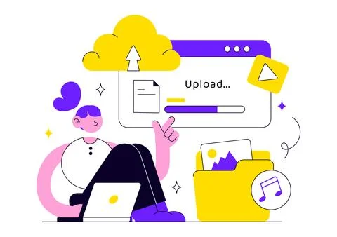 Upload Document Vector Illustration Featuring Cloud Storage, File Sharing, .. Illustrazione stock