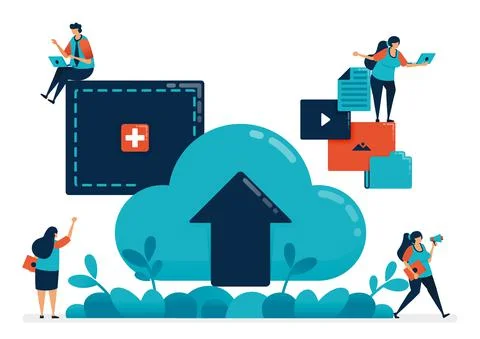 Upload file and document to folders in cloud, rental services for hosting and Illustrazione stock