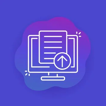 Upload file via computer icon, linear vector Stock Illustration