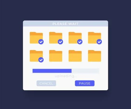 Upload file folders window with progress bar, vector interface Stock Illustration