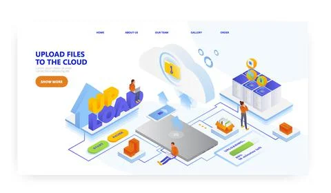 Upload files to cloud storage, landing page design, website banner vector Stock Illustration