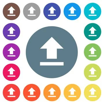 Upload flat white icons on round color backgrounds Stock Illustration
