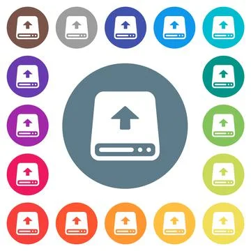 Upload from hard disk flat white icons on round color backgrounds Stock Illustration