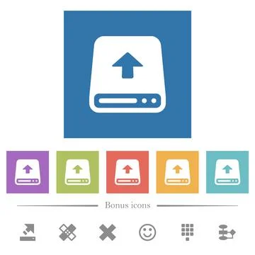 Upload from hard disk flat white icons in square backgrounds Stock Illustration