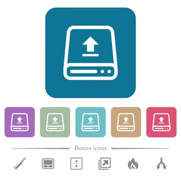 Upload from hard drive flat icons on color rounded square backgrounds Stockillustratie