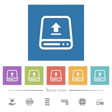 Upload from hard drive flat white icons in square backgrounds Stockillustratie