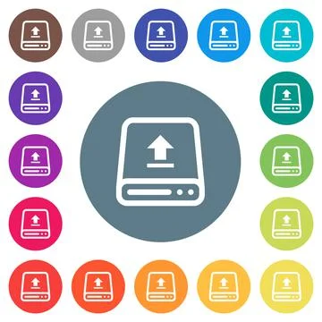 Upload from hard drive flat white icons on round color backgrounds Stockillustratie