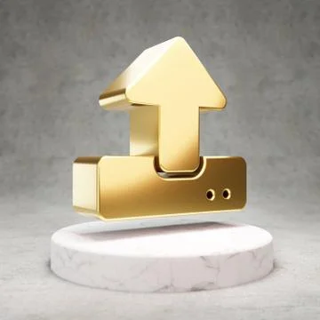 Upload icon. Shiny golden University symbol on white marble podium. Stock Illustration