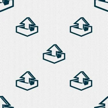 Upload icon sign. Seamless pattern with geometric texture. Stock Illustration