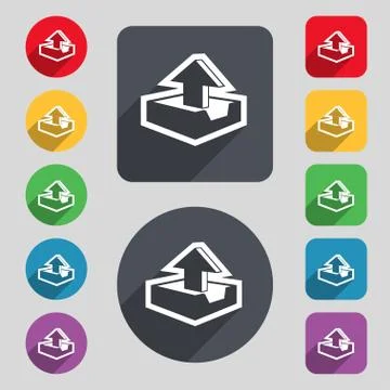 Upload icon sign. A set of 12 colored buttons and a long shadow. Flat design. Stock Illustration