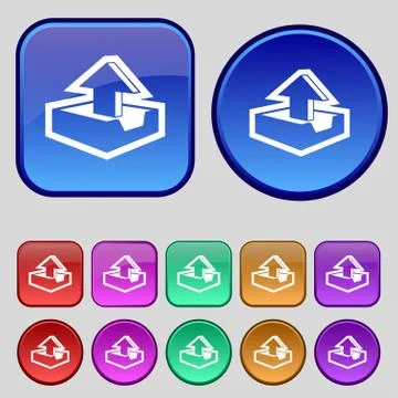 Upload icon sign. A set of twelve vintage buttons for your design. Vector Stock Illustration