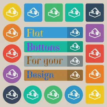 Upload icon sign. Set of twenty colored flat, round, square and rectangular b Stock Illustration