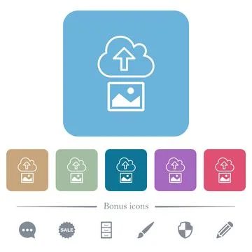 Upload image to cloud outline flat icons on color rounded square backgrounds Stock Illustration