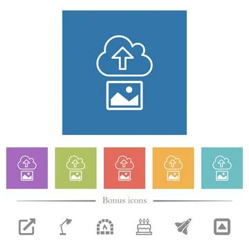 Upload image to cloud outline flat white icons in square backgrounds Illustrazione stock