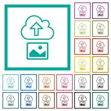 Upload image to cloud outline flat color icons with quadrant frames 스톡 일러스트
