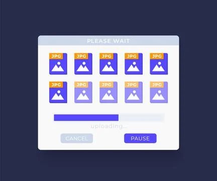 Upload jpg files window with progress bar, vector interface Stockillustratie