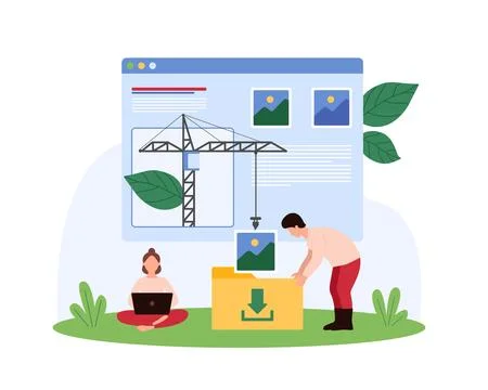 Upload multimedia files online, tiny people download digital image from browser Illustration