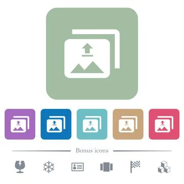 Upload multiple images flat icons on color rounded square backgrounds Illustrazione stock