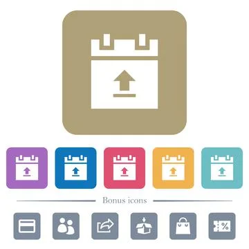 Upload schedule data flat icons on color rounded square backgrounds Stock Illustration