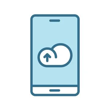 Uploading cloud on smartphone lineal blue icon isolated on white. Stock Illustration