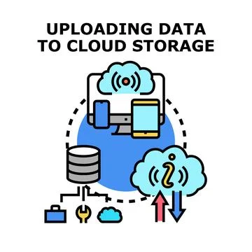 Uploading data to cloud storage using different devices Stock Illustration