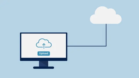 Uploading file to cloud computing with computer screen 2d with alpha matte Stock Footage 335733029