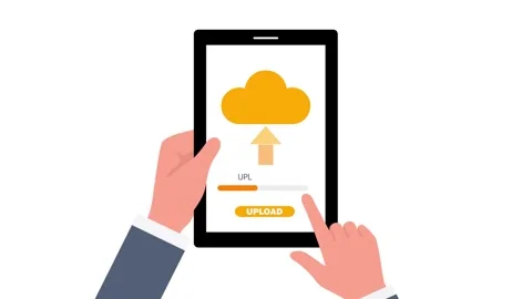 Uploading files from cloud storage remote server with tablet in hands animation Stock Footage 241836084