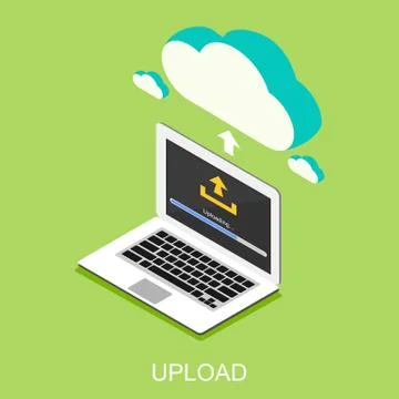Uploading process on computer concept illustration. Isometric 3d flat design. Illustrazione stock