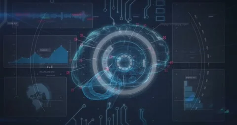 Upon activation 3D brain hologram forming scanning rings pulsing and callouts Stock Footage 326189641