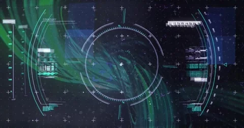 Upon activation on star-field grid, HUD reticle rotating while green vortex Stock Footage 320068622